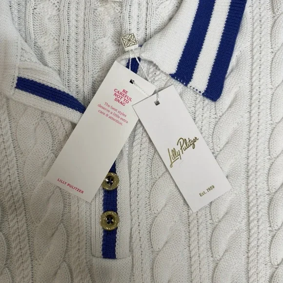 Lilly Pulitzer Women M Suzette Cable Knit Sweater White Blue Golf Tennis Preppy - Picture 3 of 8